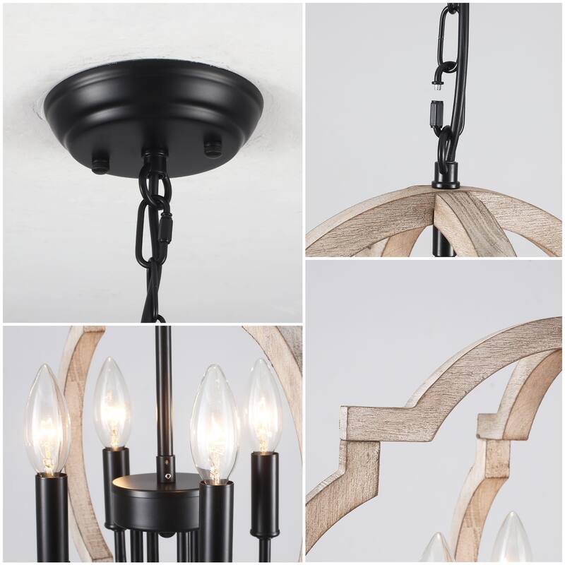 4-Light 16.33"W Wooden Lantern Rustic Chandeliers for Dining Room Kitchen