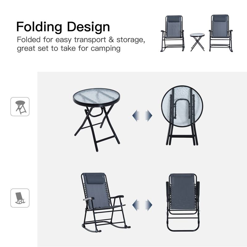 Outsunny 3 PCS Folding Rocking Chair Bistro Set with Table, Grey
