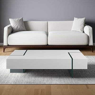 HomeRoots 53" White And Clear Wood And Glass Sled Coffee Table - 53 in. x 16 in. x 28 in.