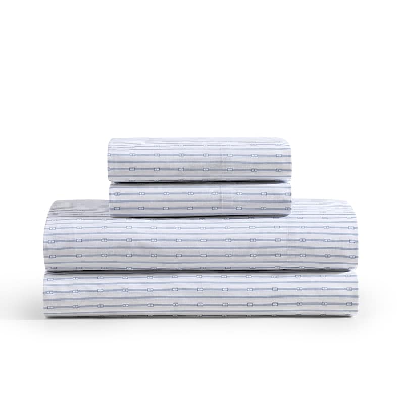 Tommy Hilfiger Printed Cotton Percale Sheet Set - Monogram Stripe Blue - Twin
