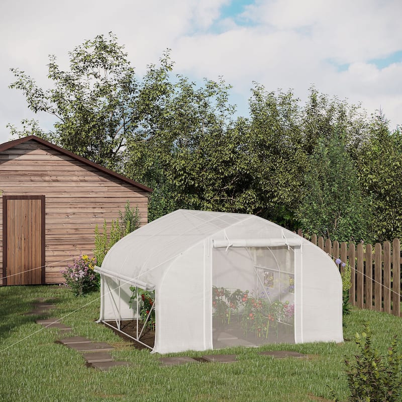 UV-Resistant Tunnel Greenhouse Garden Shed Tent with Roll-Up Sidewalls & Door Gardening Plant Hot House, Mesh Windows - White