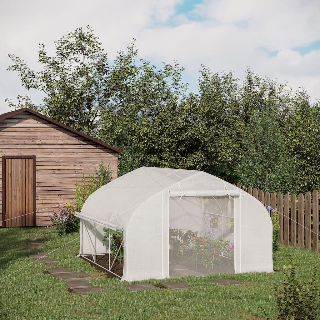 UV-Resistant Tunnel Greenhouse Garden Shed Tent with Roll-Up Sidewalls & Door Gardening Plant Hot House, Mesh Windows