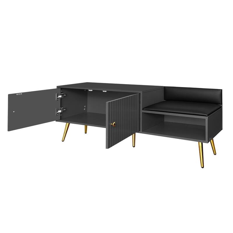 Modern Shoe Storage Bench with Storage Cabinet and Upholstered Cushions, Entryway Bench with Open Compartment for Living Room