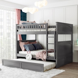Full Over Full Bunk Bed with Twin Trundle, Pine Wood Construction and Safety Guardrails
