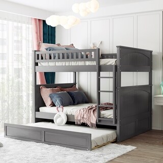 Full over Full Wooden Bunk Bed with Twin Size Trundle, Guardrails, and Headboard