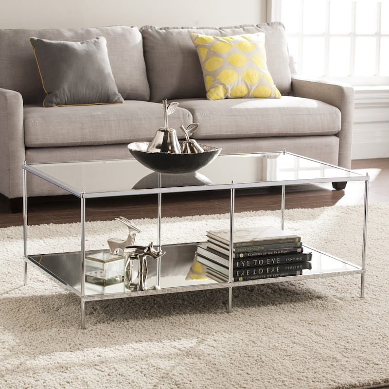 42 Inch Chrome Glass Metal Rectangular Mirrored Coffee Table for Living Room - 42.25” x 24” x 19”