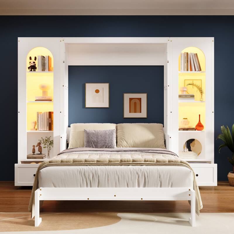 Queen Murphy Platform Bed with Storage - Shelves, Cabinets, Drawers & LED - White