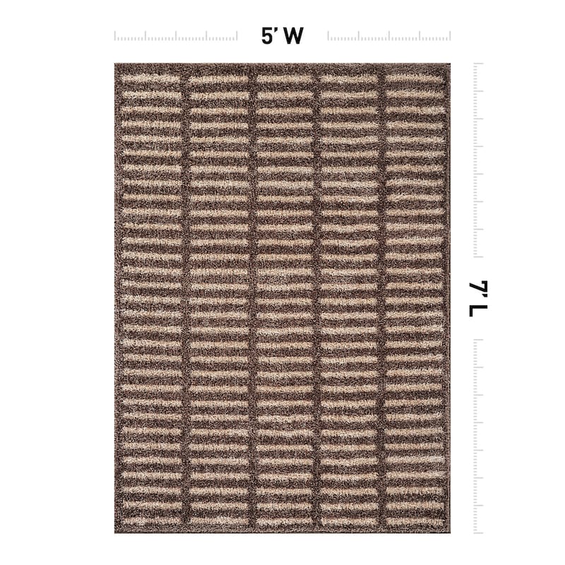 Bohemian Stripe Lines Shag Rug - Textured Surface - Anthracite Dark Gray - Easy to Clean