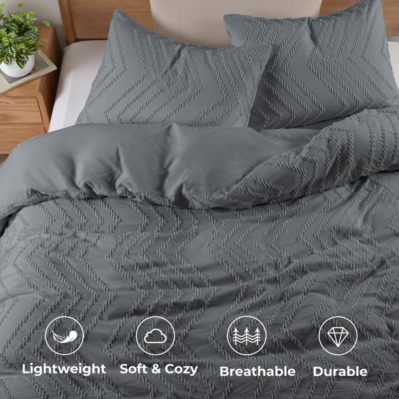 Clipped Jacquard Geometric Duvet Cover & Pillowcase Set - Dark Gray/Wave - King