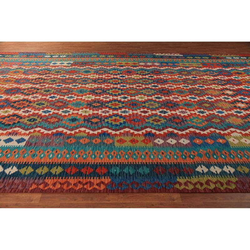 Geometric Kilim Oriental Large Rug Flatweave Wool Carpet - 10'5"x 16'2"