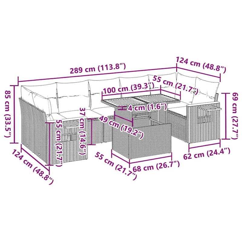 vidaXL 8 Piece Patio Sofa Set with Cushions Black Poly Rattan - 21.7 x 24.4 x 27.2