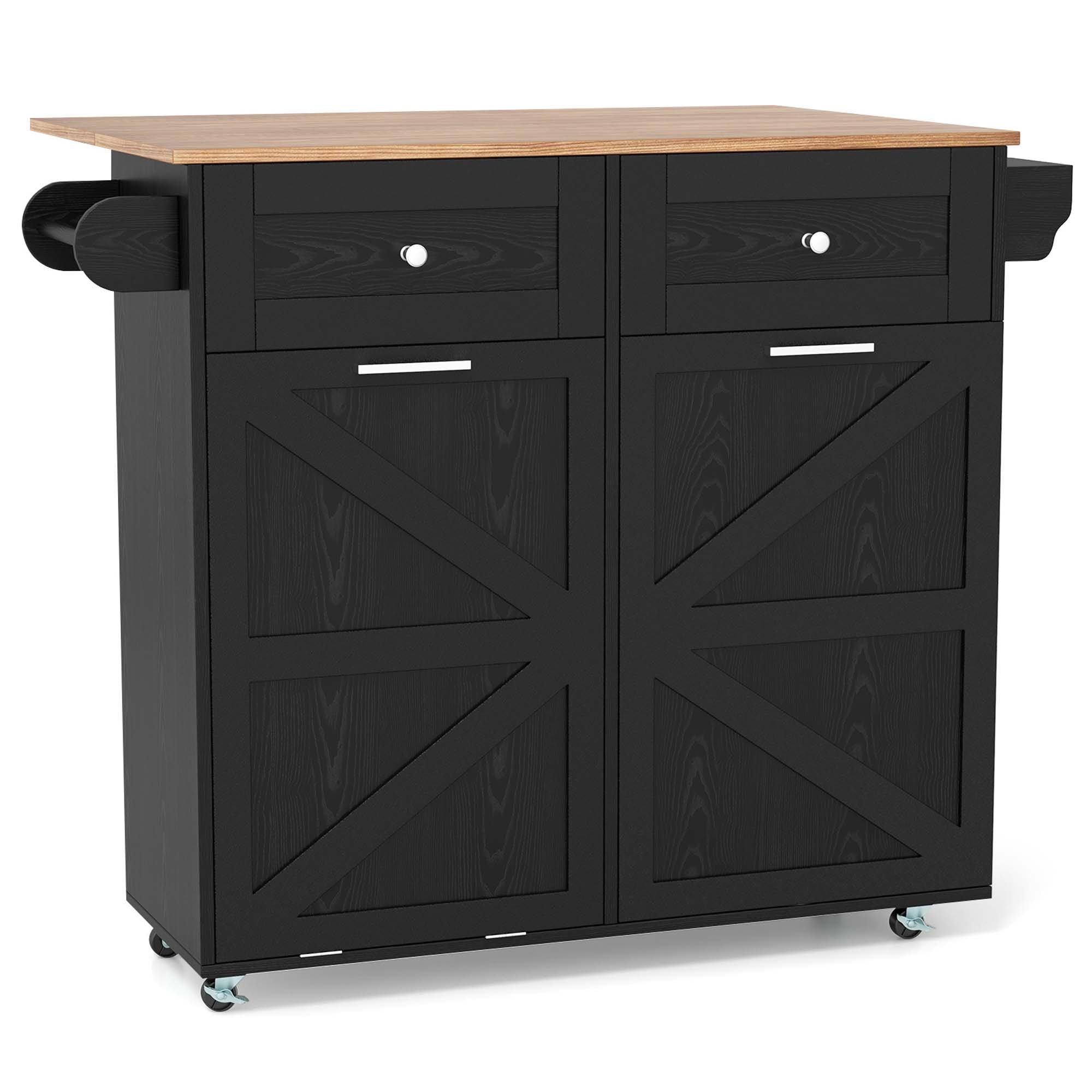 Wood Kitchen Storage Cart w/2 Drawers & Door Racks & Wheels