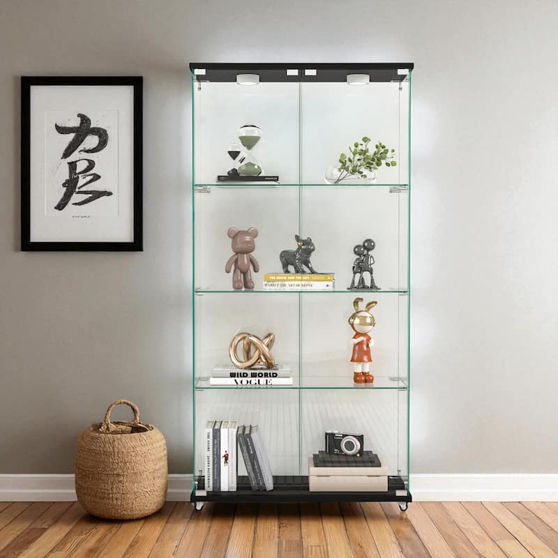Modern 2-Door Glass Display Cabinet with LED Lights, 4-Shelf Tempered Glass Showcase for Collectibles and Storage