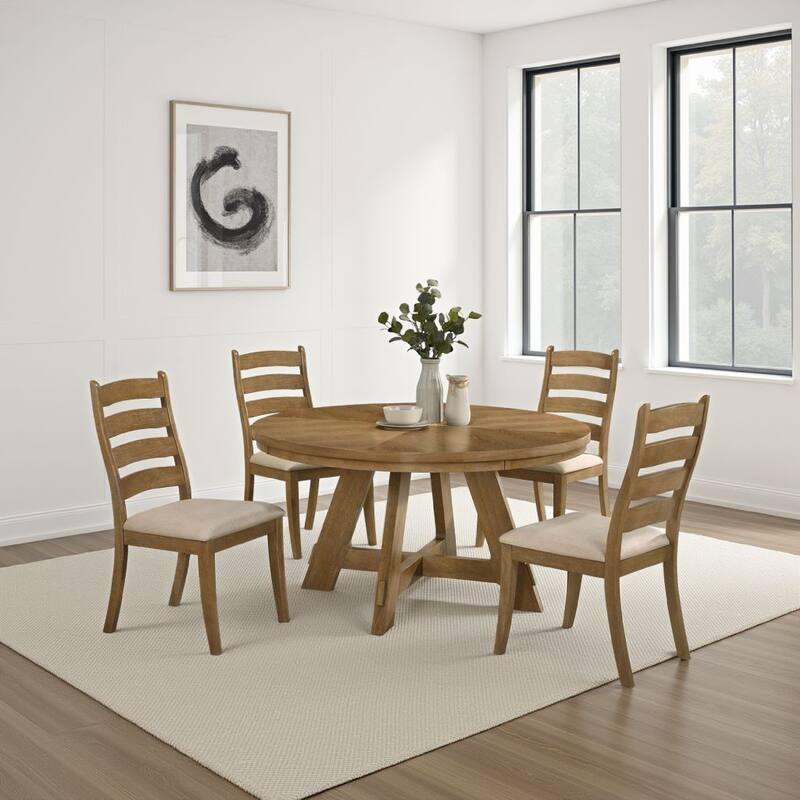 Danie Round Dining Table with Starburst Wedge Top, Brown Wood 54 Inch
