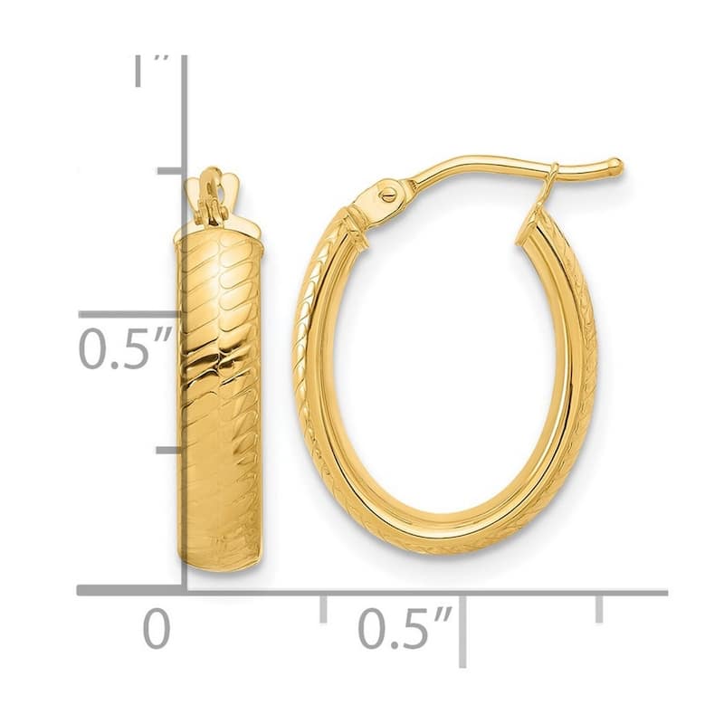 Curata 14k Yellow Gold Polished and Textured Oval Hoop Earrings - 19.01x14.37mm