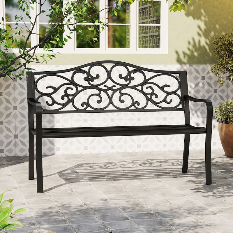 50-Inch Black Cast Iron Outdoor Metal Loveseat Garden Bench with Floral Backrest for 2-3 People - 50" x 24.5" x 35"