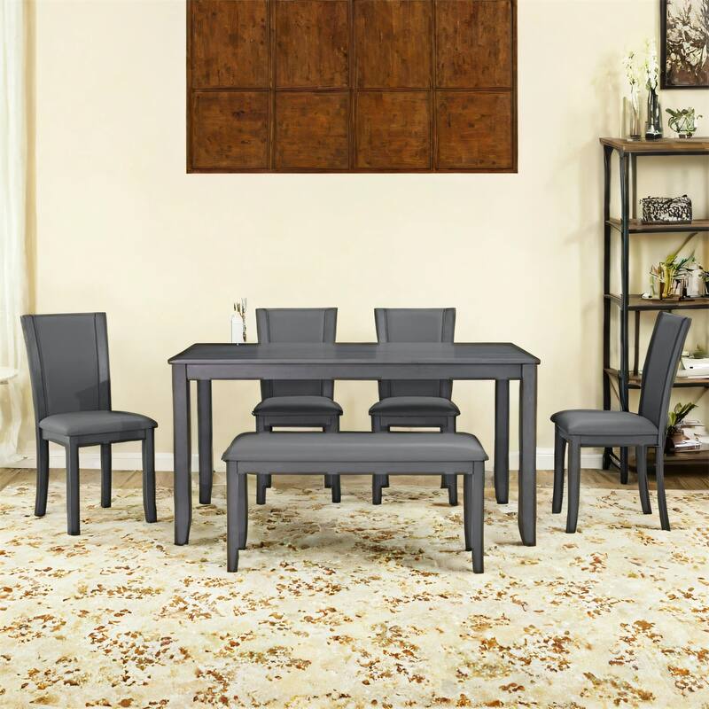 6-Piece Wooden Dining Table Set with Bench and Chairs for Dining Room