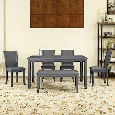 6-Piece Wooden Dining Table Set with Bench and Chairs for Dining Room