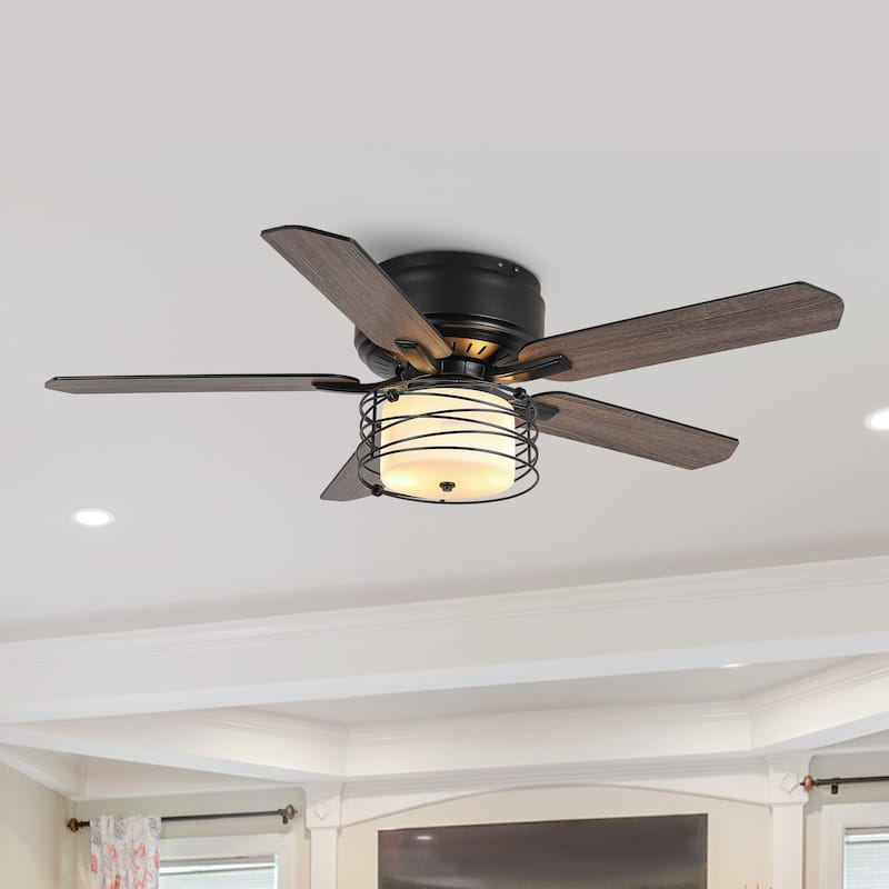 48" Reversible Wood 5-Blade Black Flush Mount Ceiling Fan with Remote