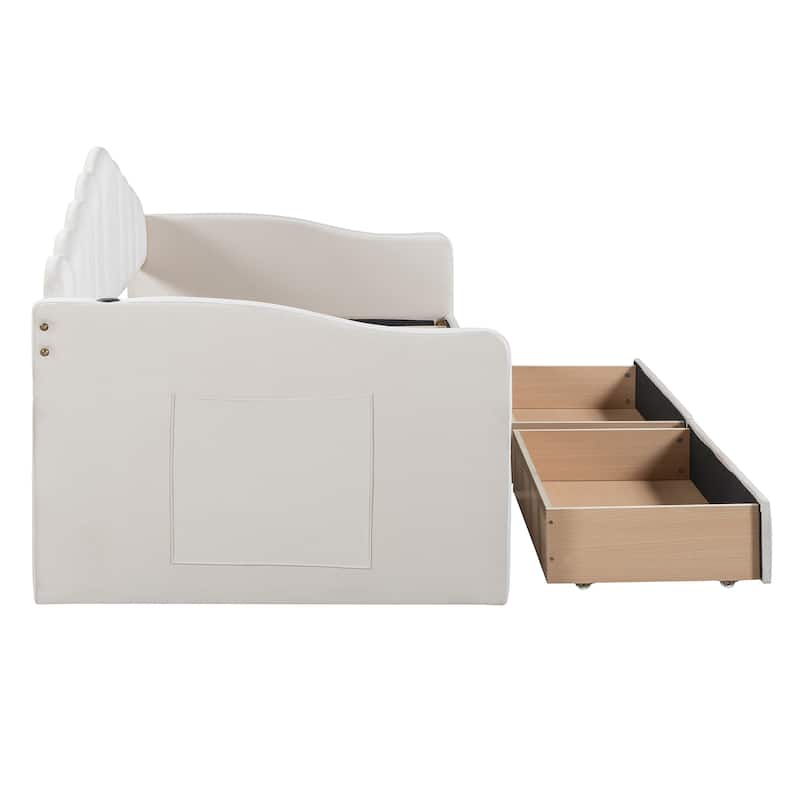 Twin size Upholstered Daybed with 2 Drawers ,Velvet Sofabed with USB Charging Ports,No Box-spring Needed,Beige - N/A
