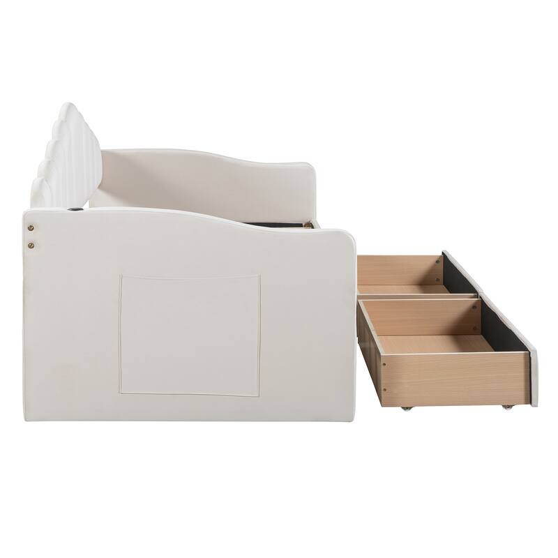 Velvet Twin Daybed with Storage Drawers and USB Ports, No Box-Spring Needed