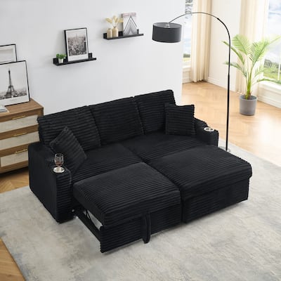 80" Corduroy Multi-Function Sofa with Hidden Reclining, Space Saving Design, Armrests, Cup Holders and Removable Footstool