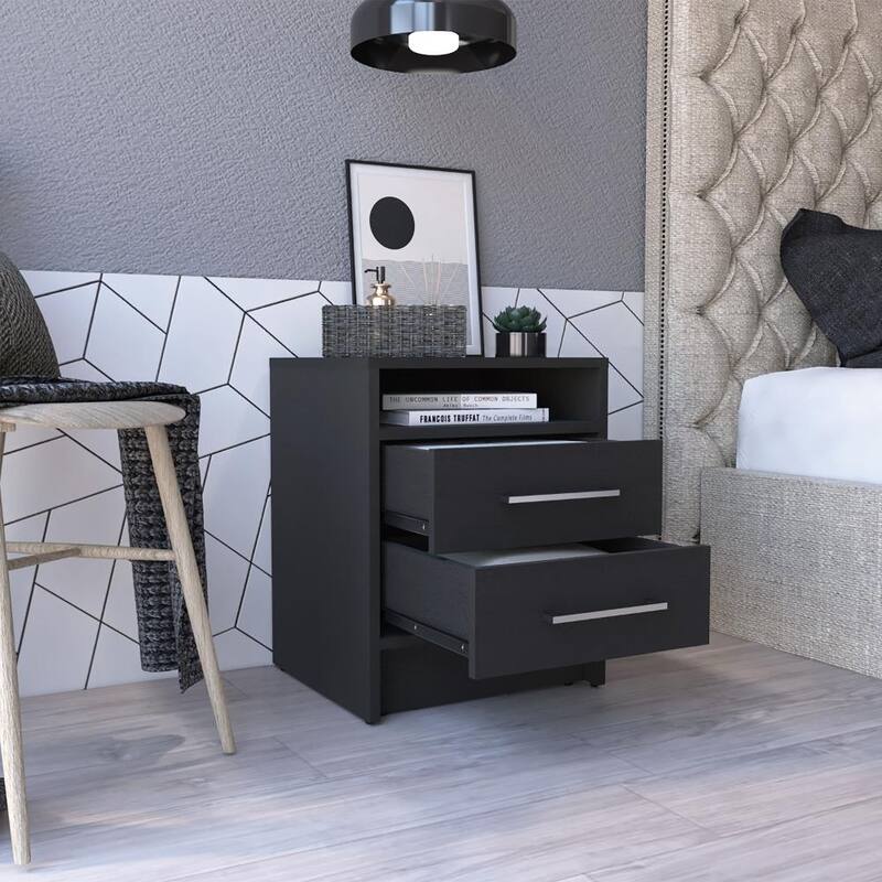 Black Nightstand with Two Drawers and Open Shelf, Metal Handles