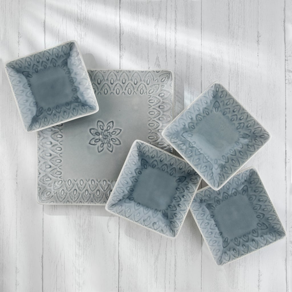 Euro Ceramica Peacock 5 Piece Square Serving Set in Grey