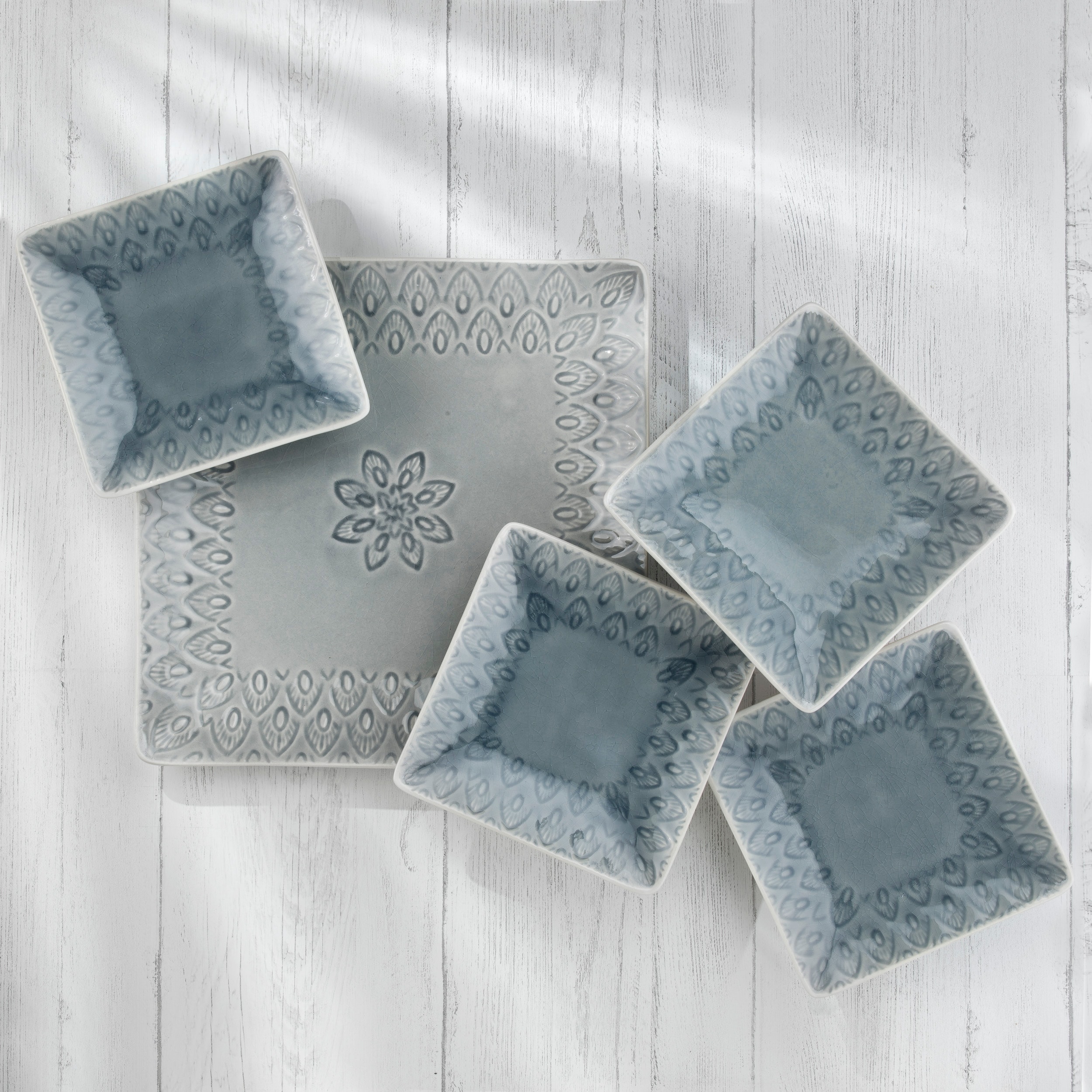 Euro Ceramica Peacock 5-Piece Stoneware Square Serving Platter and Appetizers Plates Set in Grey