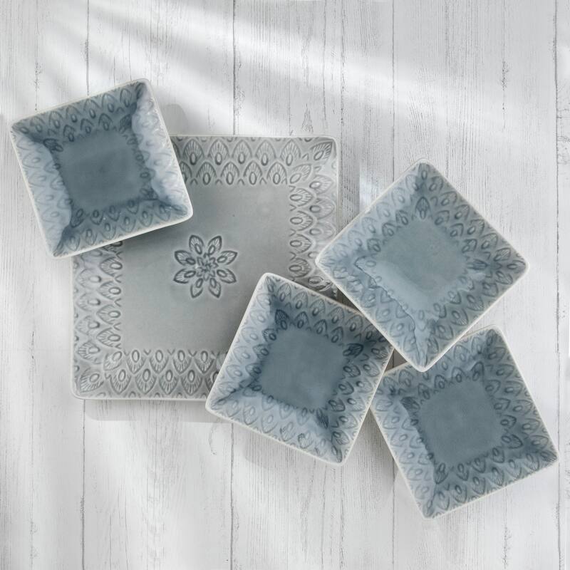 Euro Ceramica Peacock 5 Piece Square Serving Set in Grey