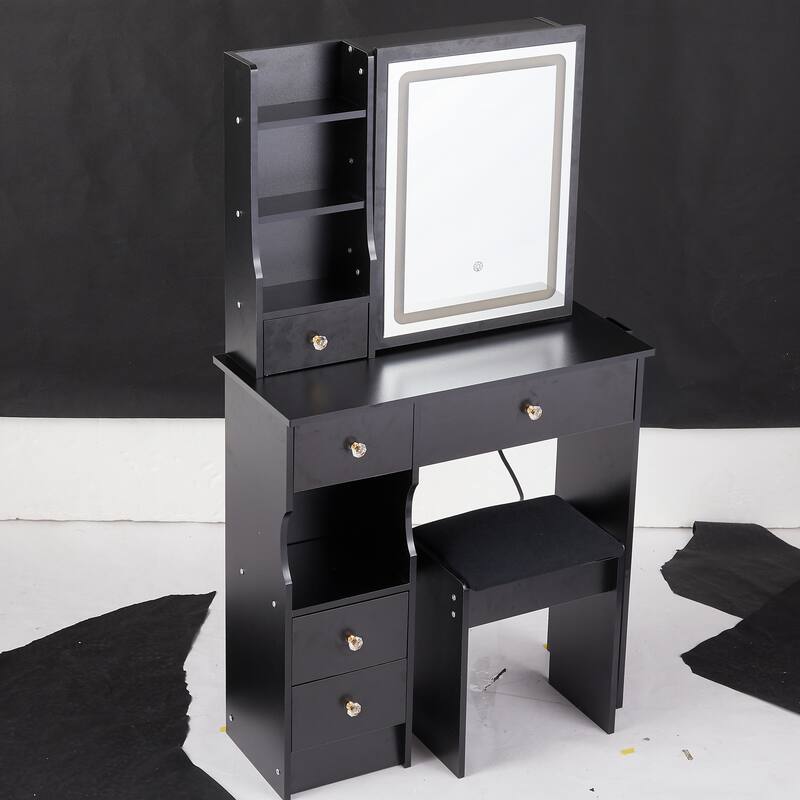 Dressing Table Stool Set with Brightness Adjustable Touch LED Mirror