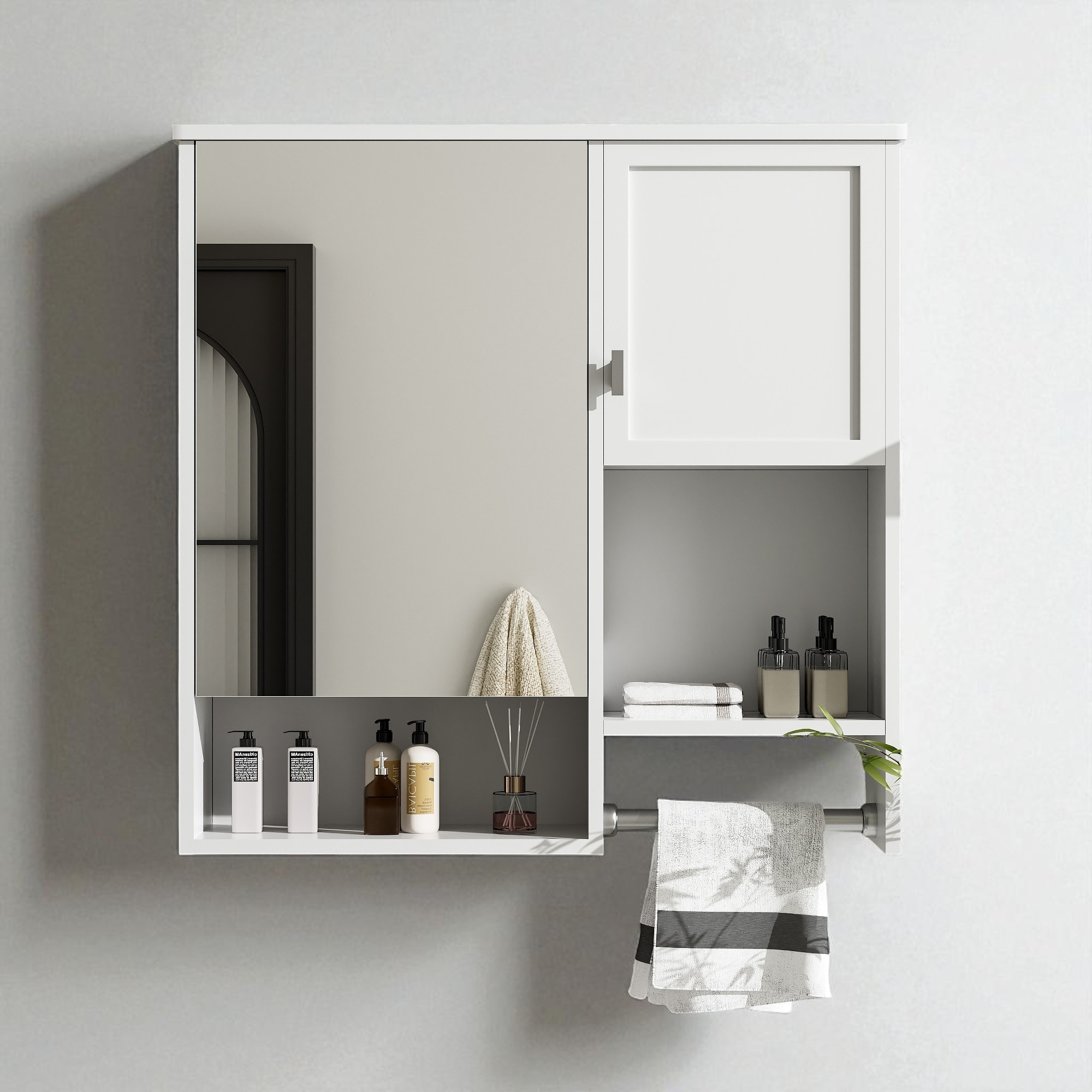 Wall Mounted Bathroom Medicine Cabinet with Mirror, Adjustable Shelves and Towel Bar, Over The Toilet Storage Cabinet