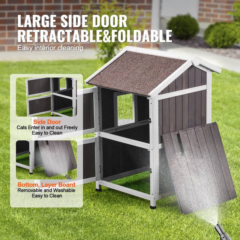 Grey Wooden Double Layer Outdoor Cat House with Asphalt Roof and Flaps Door - 23” x 26” x 36”