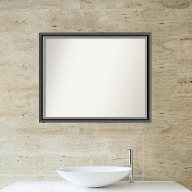 Theo Black Silver Non-Beveled Wood Framed Bathroom Vanity Wall Mirror - Theo Black Silver