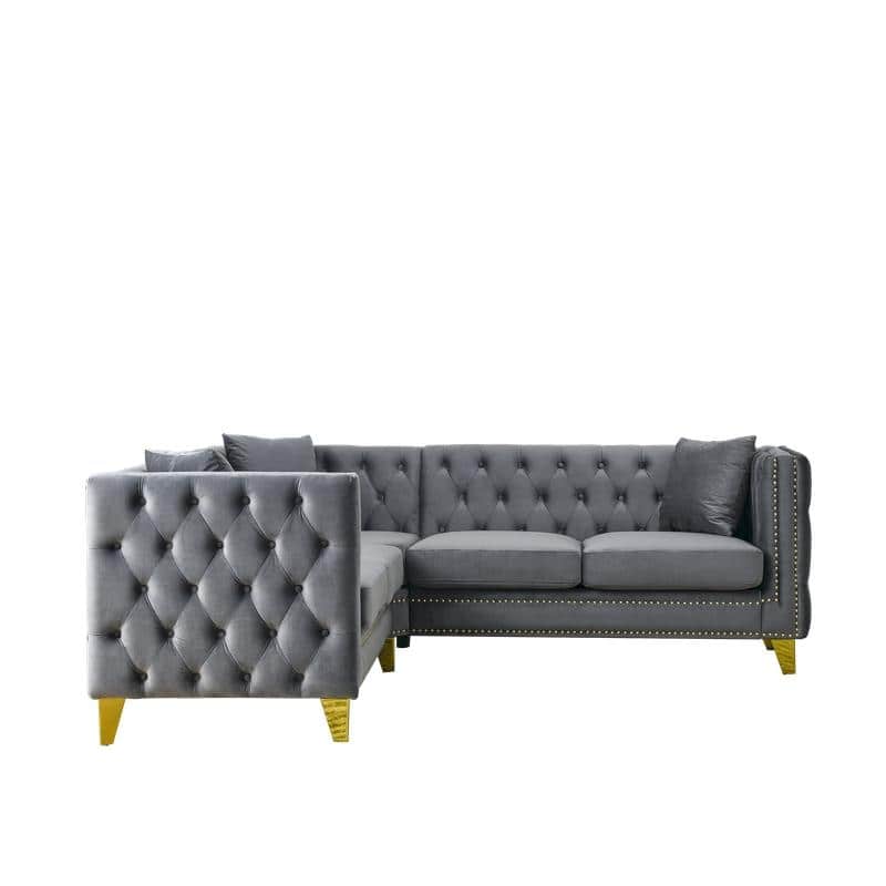 Luxury Velvet Upholstered Tufted Sofa with Arms,L Shaped Couch/Living Room Couches with Metal Legs