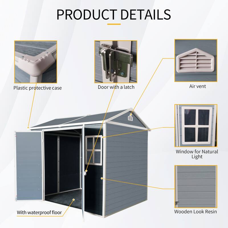 Resin Outdoor Storage Shed UV-Proof Garden Tool Shed with Sloping Roof & Lockable Double Doors, Built-in Floor
