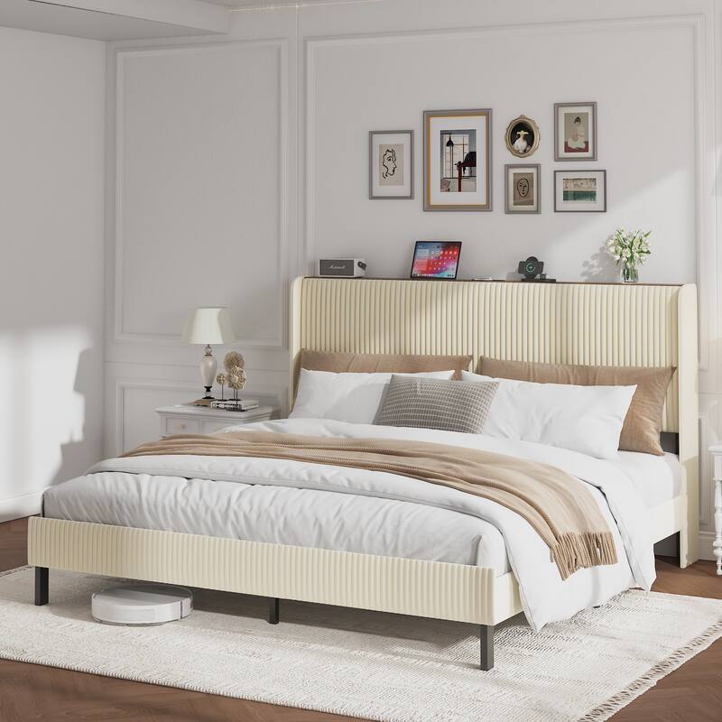 Roomfitters Metal Platform Bed Frame with Charging Station, Heavy Duty Mattress Foundation, No Box Spring Needed, Beige - King