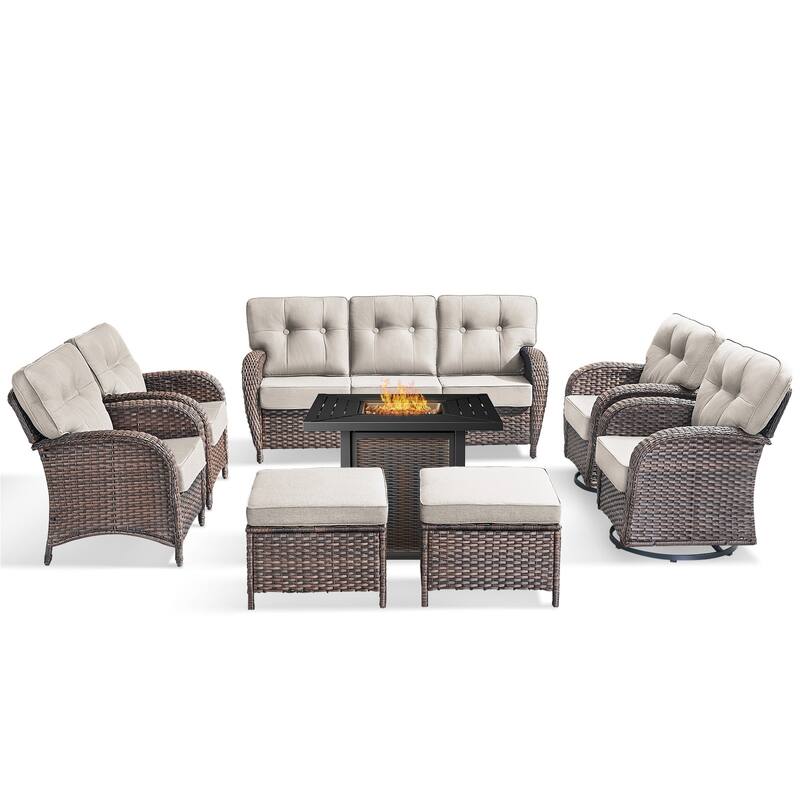 Pocassy Outdoor 30 In Fire Table with Sofa Swivel Patio Chair Set