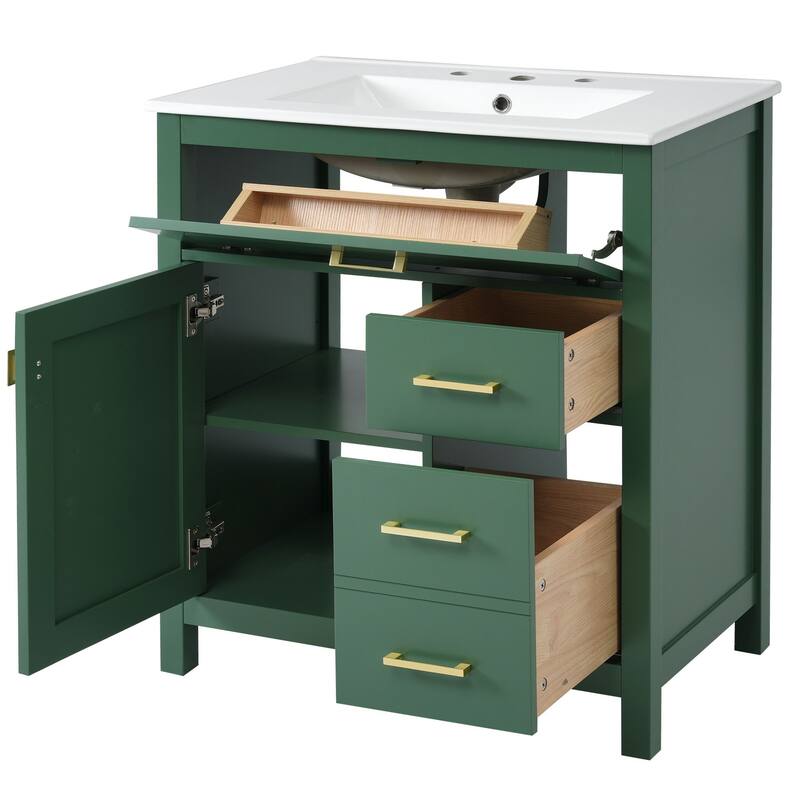 Modern 30-Inch Bathroom Vanity with Undermount Ceramic Sink, Solid Wood Frame, Adjustable Shelf & Storage Drawers