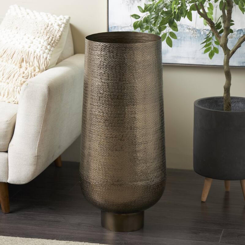 Brass Aluminum Metal Textured Wide Floor Geometric Decorative Vase with Elevated Base - Brass - 14"W, 31"H