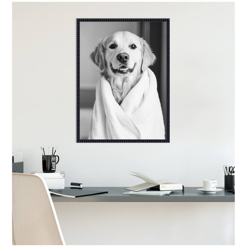 Kate and Laurel Sylvie Golden Retriever Bathroom Towel Robe Black and White Framed Canvas by The Creative Bunch Studio