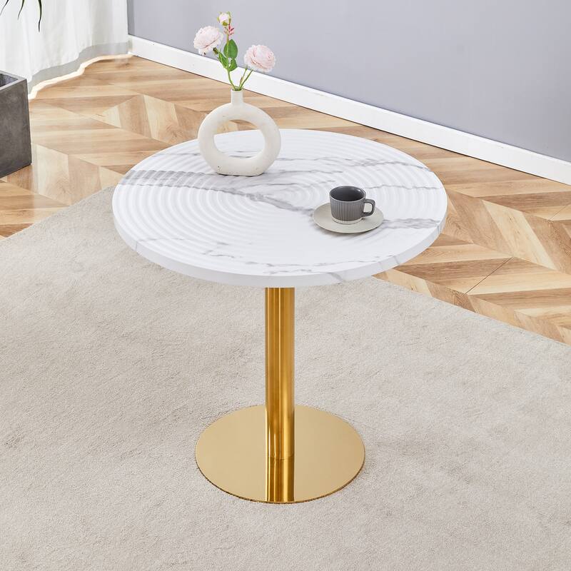 31.5 Inch Elegant White Marble Pattern Round Dining Table - Suction Molding Annular Texture, Durable and Water-Resistant