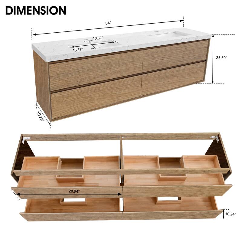 24"30"36"48"60"72"84" Floating Bathroom Vanity Engineered Stone Top with Rectangular Ceramic Undermount Sink