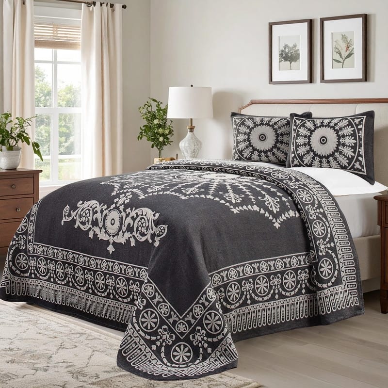 Superior Cotton Blend Oversized Classic Medallion Bedspread Set - Charcoal - Twin
