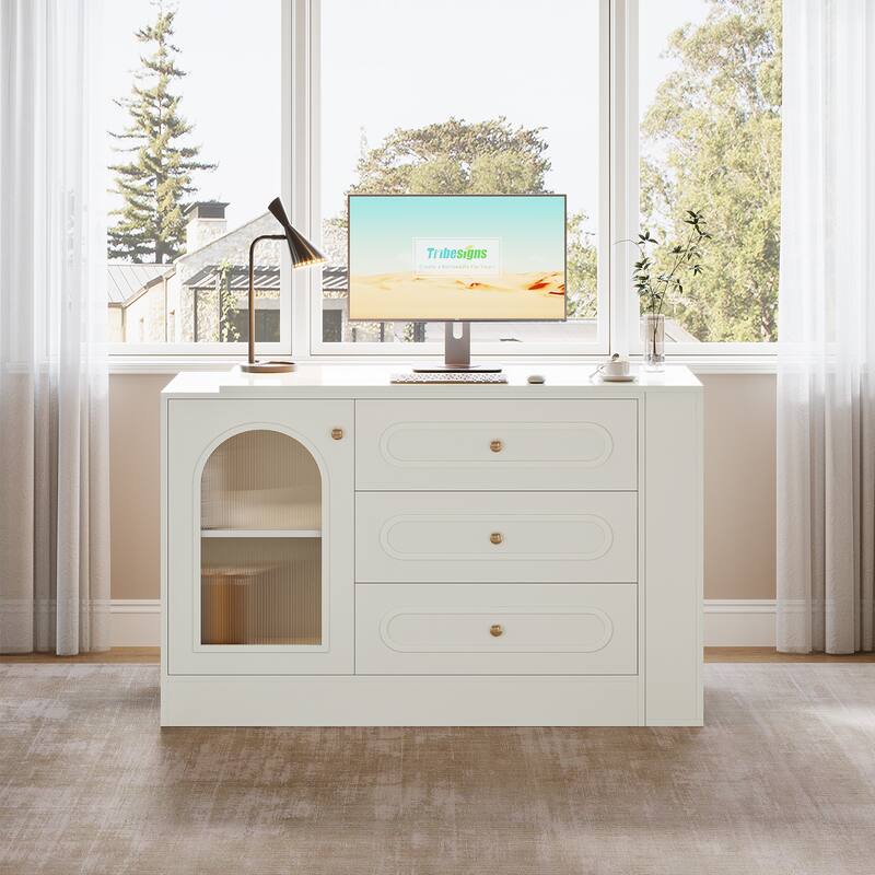 Modern 360° Rotatable Computer Desk, Executive Desk with 3 Drawers