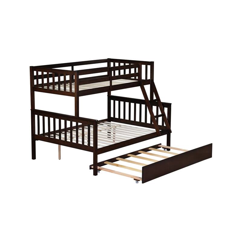 Roomfitters Twin Over Full Rubber Wood Bunk Bed with Trundle, Detachable Convertible Bunk Bed with Ladder and Guardrails