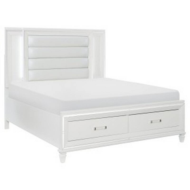 Delcy Queen Platform Bed, LED Headboard, 2 Drawer Footboard, Mirror, White