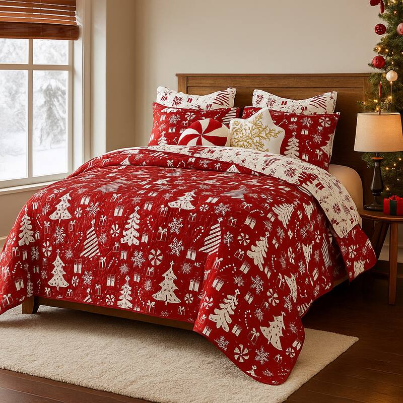 Daru 3 Piece King Quilt Set, Red and White Polyester, Christmas Theme