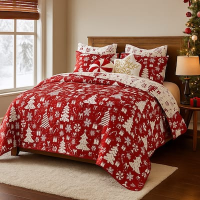 Daru 3 Piece King Quilt Set, Red and White Polyester, Christmas Theme