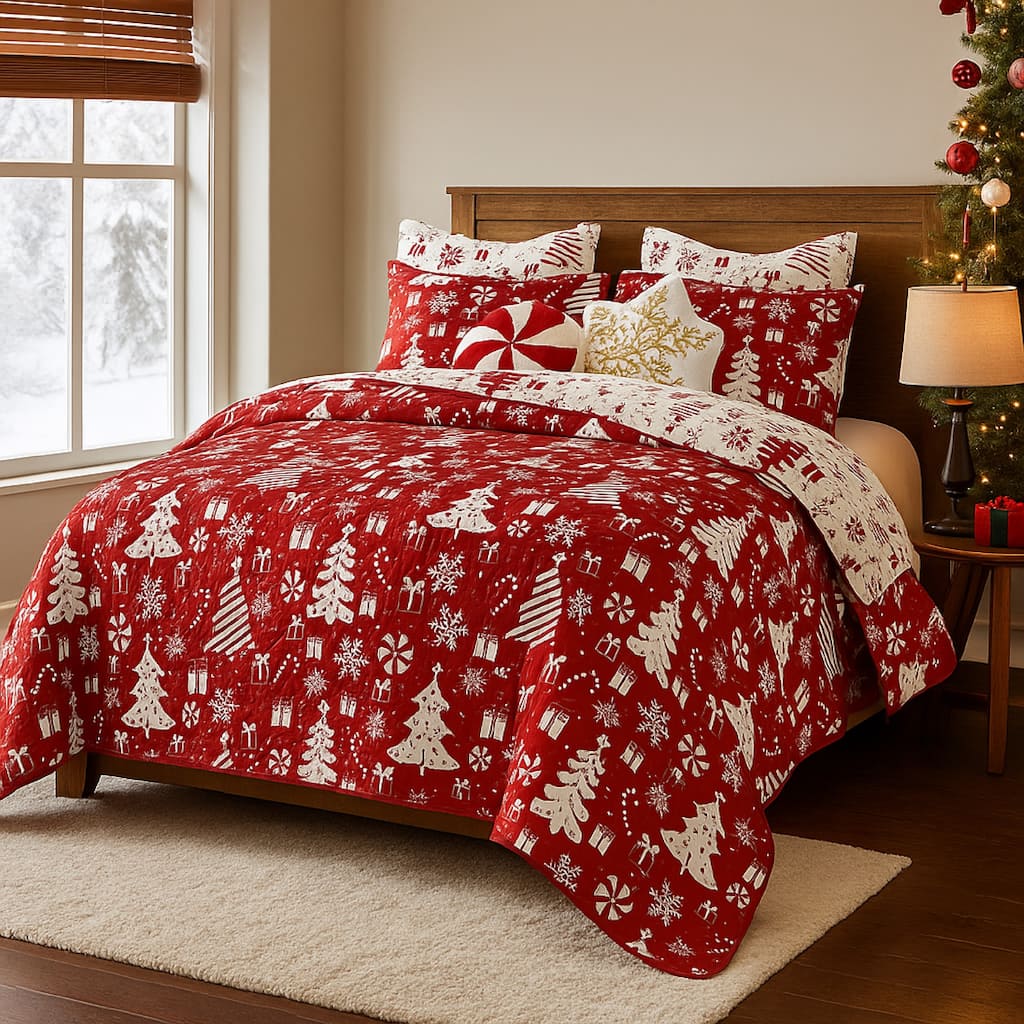 Daru 3 Piece King Quilt Set, Red and White Polyester, Christmas Theme